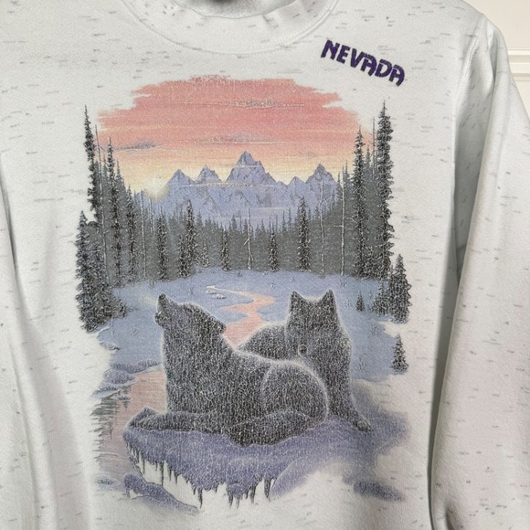 Vintage Nevada Wolf Sweatshirt Mens Small White 90s Nature Graphic Oneita 1990 - Picture 5 of 8